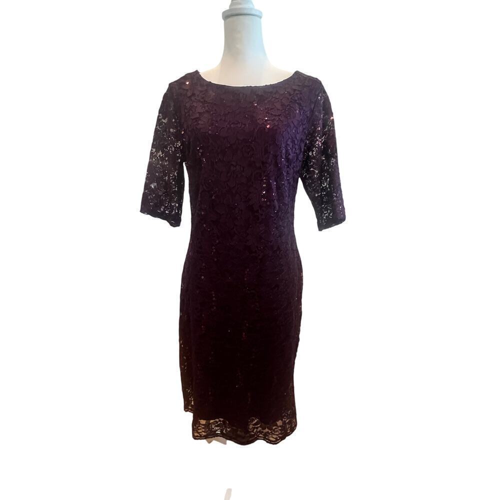 NY COLLECTION PURPLE SEQUINED LACE KNEE LENGTH SCOOP NECK DRESS WOMENS SIZE L